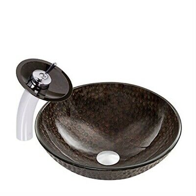 VIGO Copper Shield Glass Vessel Bathroom Sink and Waterfall Faucet with Pop Up,