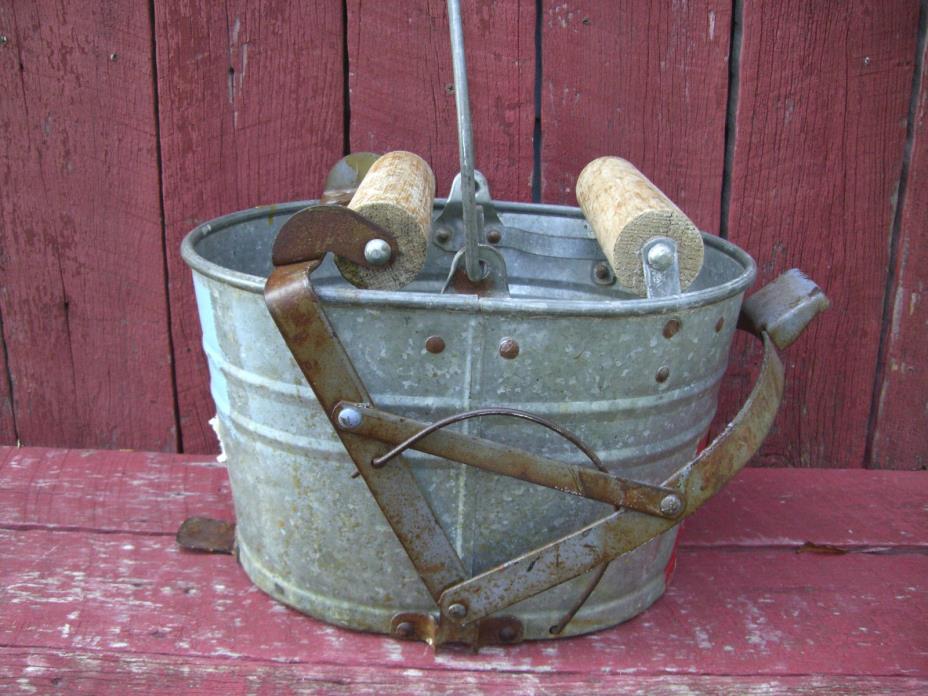 Vintage 'White' Oval Galvanized Metal Mop Bucket Wood Wringer Wheels