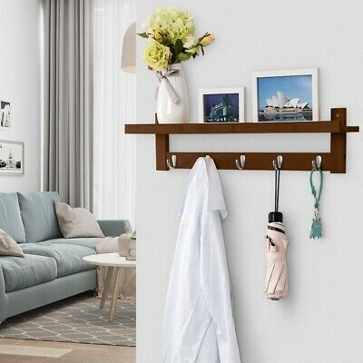 LANGRIA Coat Rack Shelf Wall-Mounted Bamboo Wooden Shelf With 5 Hooks