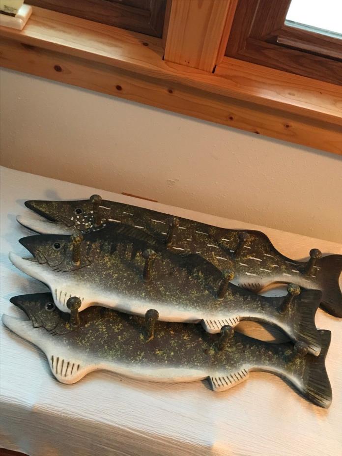 Lot of 3 Rustic Cabin Décor Painted Wood Shaped Walleye Bass Fish Coat Hook Caps