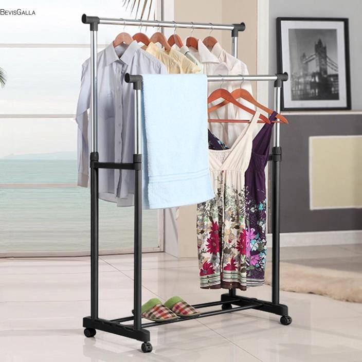 Adjustable Clothes Drying Rack Garment Rolling Hanger Shelf Double Rail US Stock