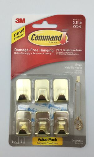 Command Small Metallic Hooks 6 Hooks 8 Strips Holds .5 lb Brass Color Decorative
