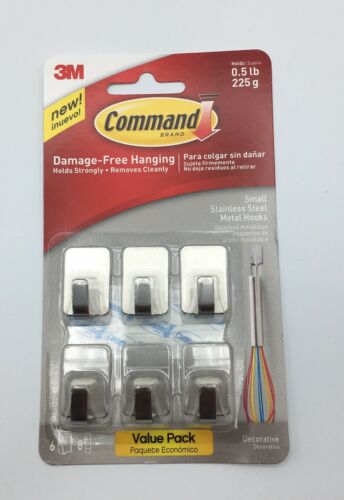 Command Small Stainless Steel Metal Hooks 6 Hooks 8 Strips Holds .5 lb Silver