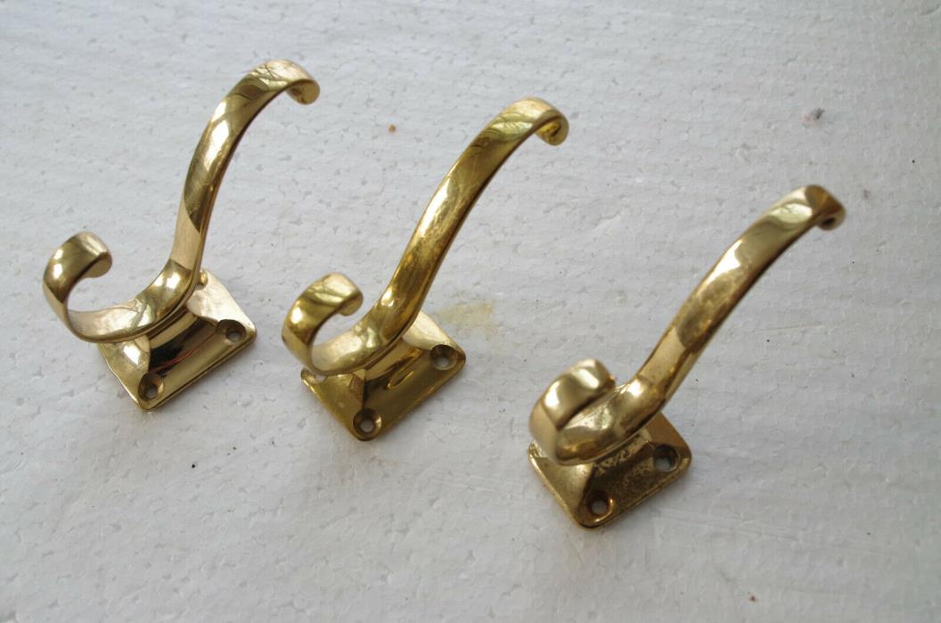 Lot of 3 Solid Brass Coat Clothes Hangers Wall Mount Screw in Double Hook Modern