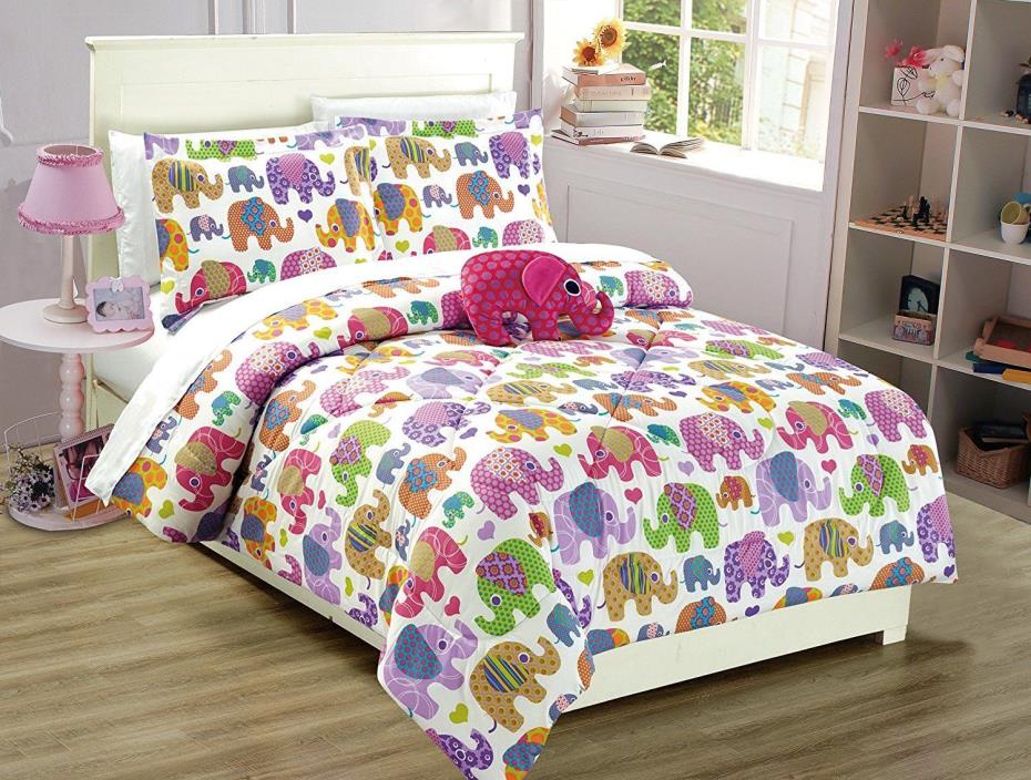 Mk Collection 6 PC Twin Size Elephant White Purple Pink Yellow green Comforter