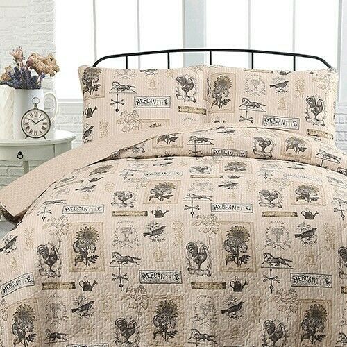 farmhouse country  rooster water can print ivory tan  grey quilt set twin size