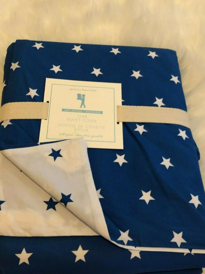 NEW POTTERY BARN KIDS ORGANIC STAR DUVET COVER FULL QUEEN REVERSIBLE NAVY