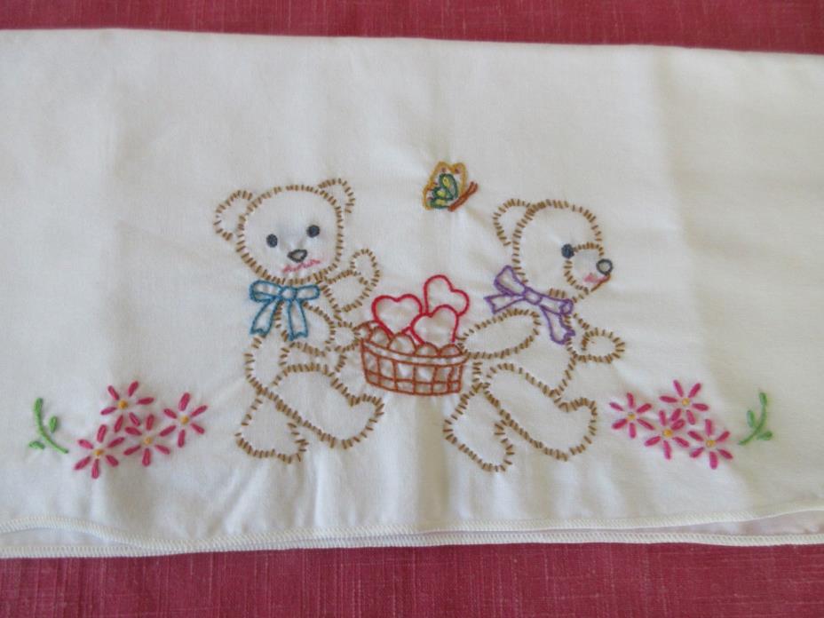 NEW Single White Standard Size Pillowcase w/Embroidered Bears, 29”x20”