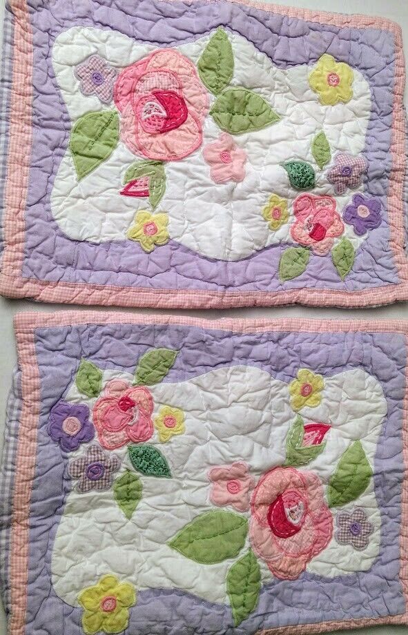 PBK Baby Toddler Pillow Sham Set Purple Pink Flowers Stitched Gingham Floral Tag