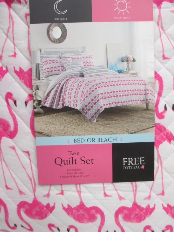 Cynthia Rowley Kids 2pc White Pink Flamingo Stripe Bed Beach Quilt Set Tote-Twin