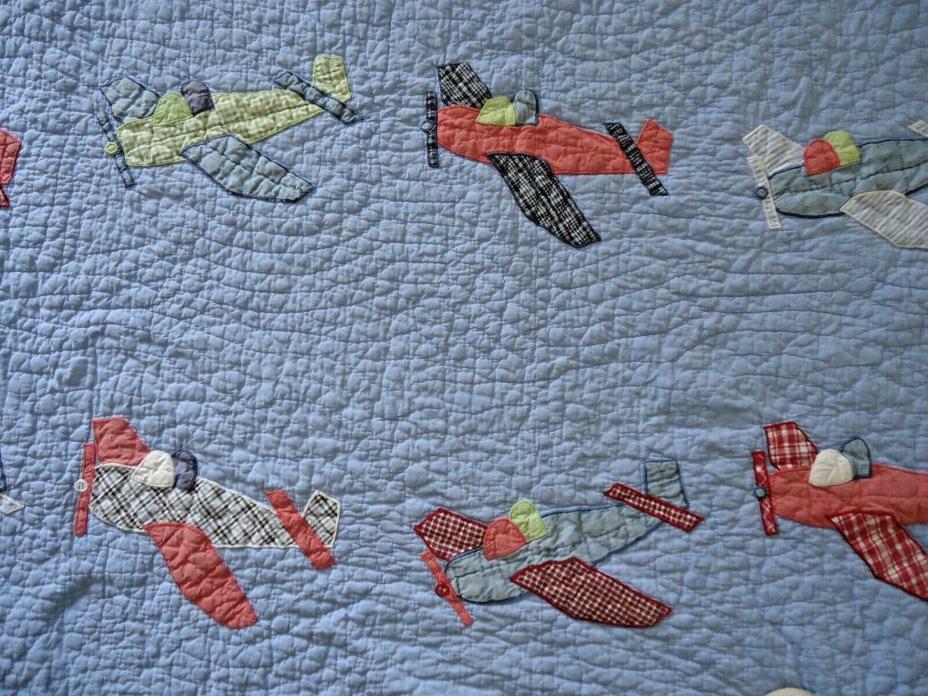 Pottery Barn Kids Queen Quilt Airplanes and (2) Shams VIntage
