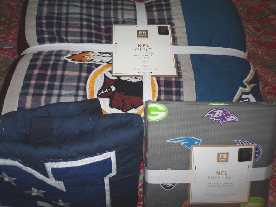POTTERY BARN TEEN NFL FOOTBALL QUILT, TWIN, + SHAM, + SHEET SET, NFC CONFERENCE