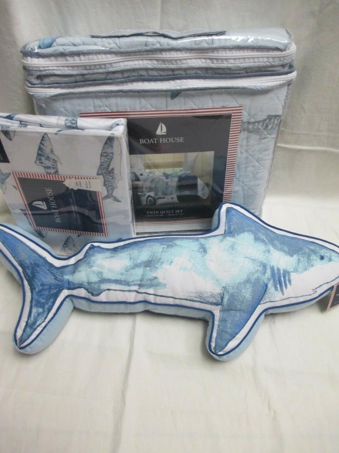 BOAT HOUSE Kids Sharks Aqua Blue Gray 6pc Quilt Sheets Pillow Set - Twin
