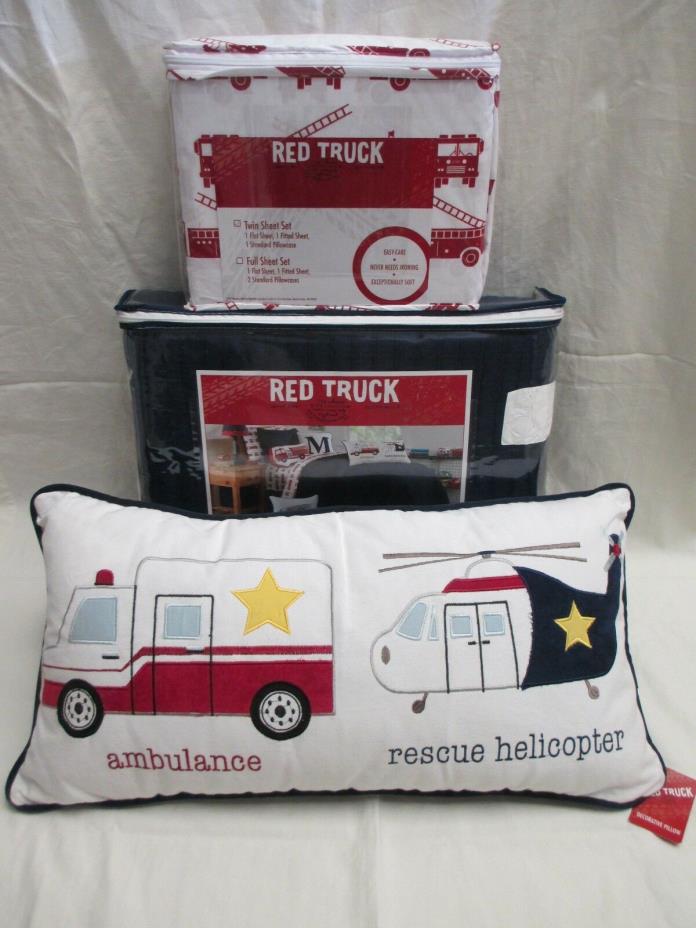 RED TRUCK Kids Fire Truck Ambulance Helicopter Navy Blue 5pc Quilt Set - Twin