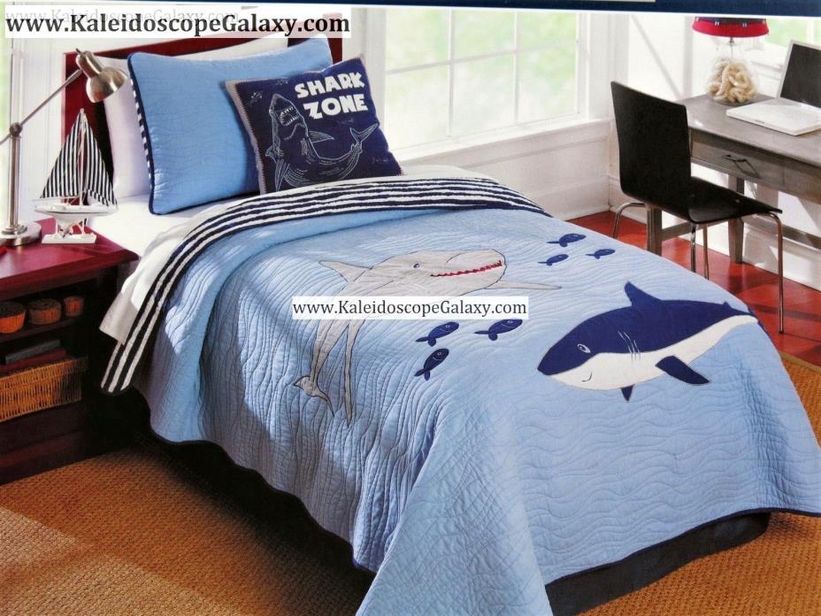 SHARK BEDDING ~ 8pc FULL QUILT or 7PC TWIN QUILT ~ SHARKS ~ BLUE GREAT WHITE NEW