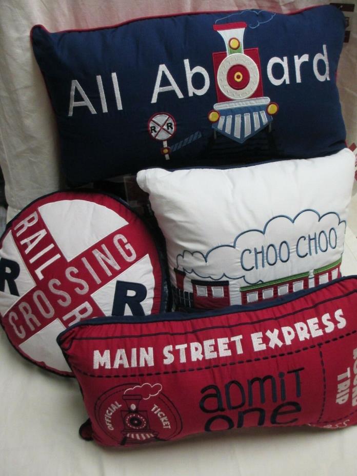 RED TRUCK Little Red Caboose Navy Blue Railroad Train 8pc Quilt Pillow Set- Twin