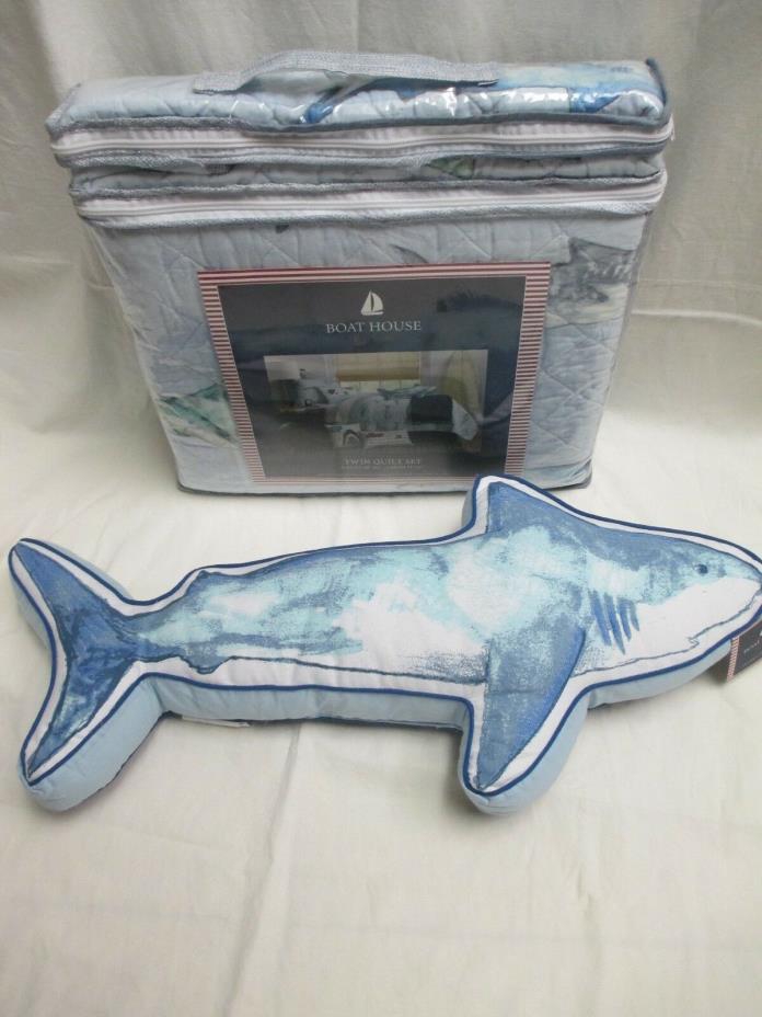 BOAT HOUSE Kids Sharks Aqua Blue Gray 3pc Quilt Pillow Set - Twin