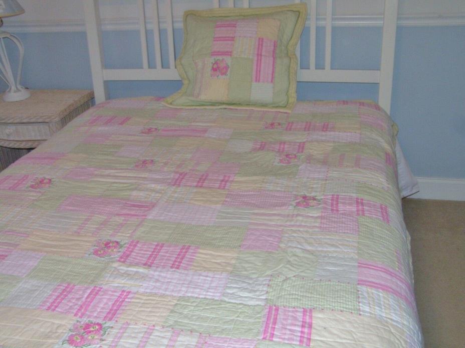 Pottery Barn Kids Twin Quilt & Euro Sham Set Pink Yellow Green Daisy AS IS