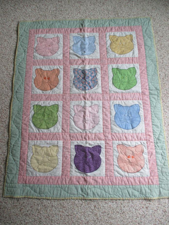 Baby Crib Toddler Bed Kitty Cat Green/Pink Quilt Blanket Bedding 46