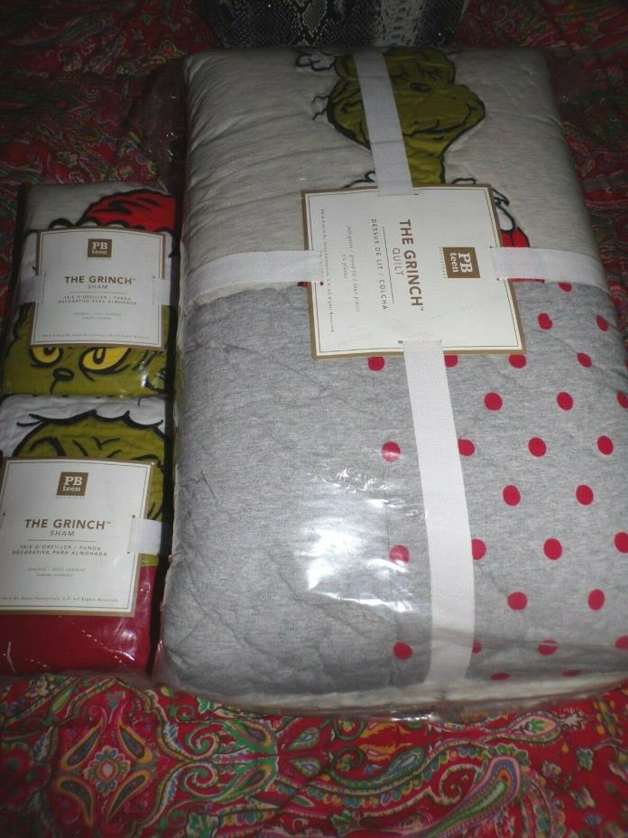 POTTERY BARN TEEN GRINCH HEATHERED CHRISTMAS QUILT, FULL QUEEN, 2 STANDARD SHAMS