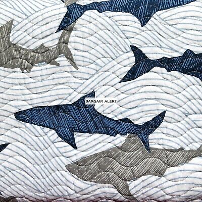 SHARKS 6pc FULL/QUEEN SHARK QUILT ~ SHEETS ~ COVERLET BLUE GRAY WHITE COTTON