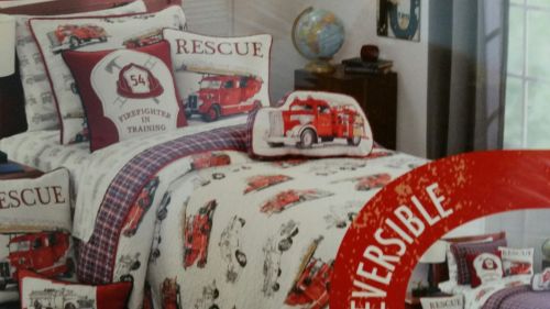 NEW RED TRUCK FIRE VINTAGE ENGINE QUILT SET 2PC twin RED BLUE PLAID 100% cotton