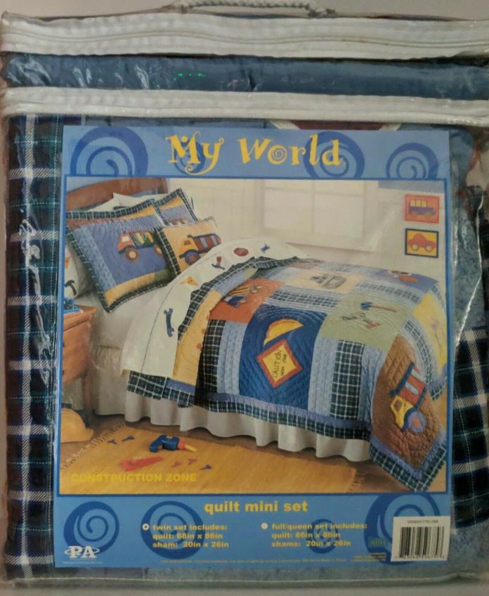 Boys Twin Bed Quilt Set Construction Truck Kids Cotton Reversible Bedding Blue
