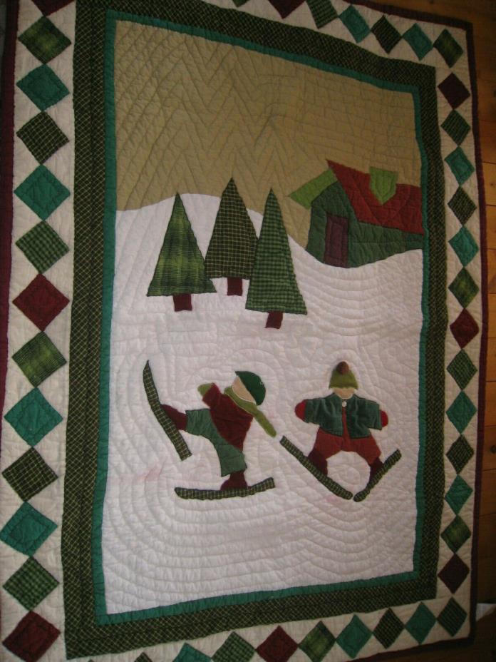 Cotton Winter Appliqued Quilt Kids Snow Skiing 50