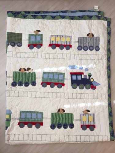 Pottery Barn Kids Boy Train Print Patchwork Bed Quilt Size Full/ Queen 90”x70”