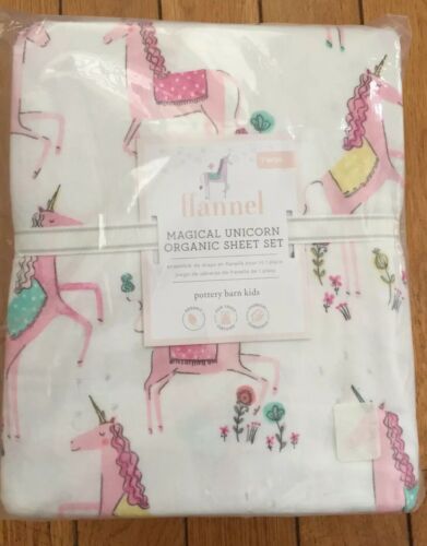 Pottery Barn Kids Organic Flannel Sheet Set TWIN light pink unicorns *NEW*