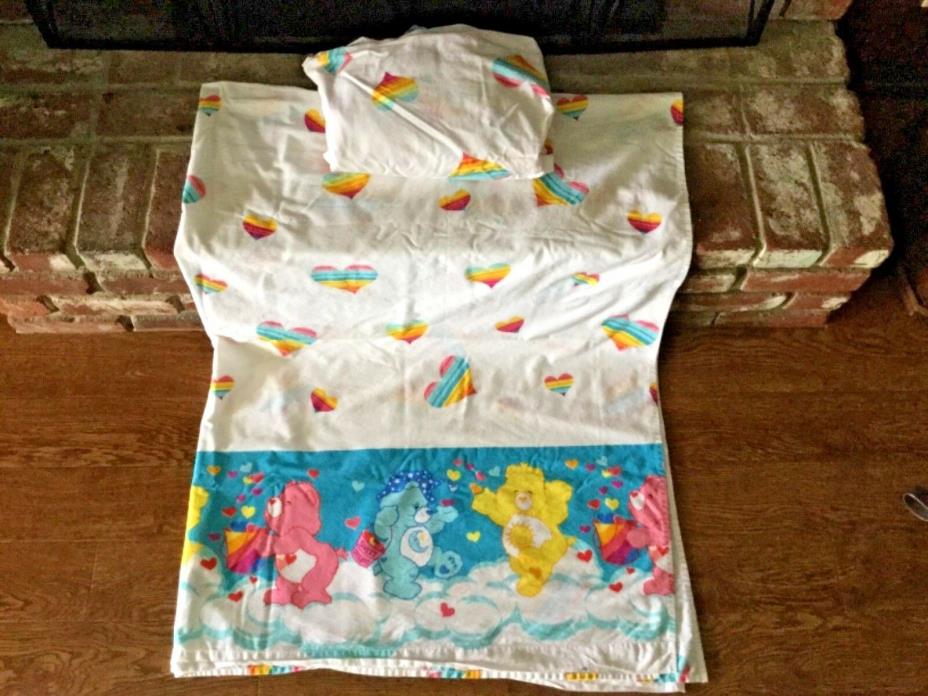 Vintage Care Bears Twin Flat & Fitted Sheet Set Bright W/Hearts 2002 EUC