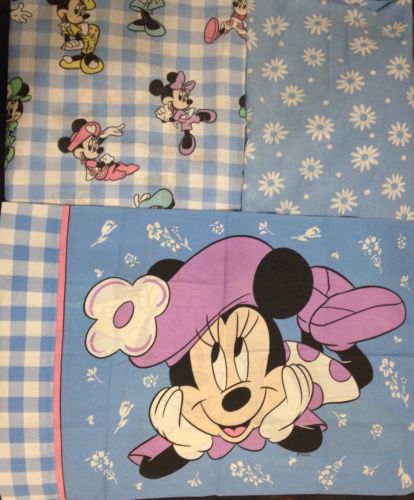 Vintage 3 Pc Disney Minnie Mouse Blue White Gingham Twin Sz Sheet Set Fabric