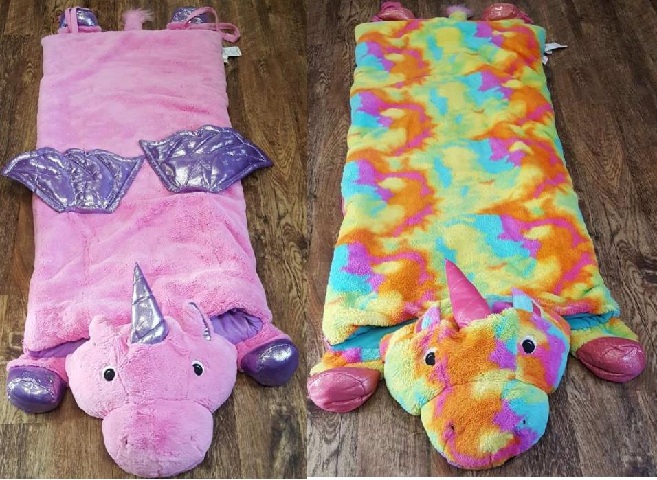 TWO Rare Kids Plush Animal Slumber Sleeping Bag Soft Fur Rainbow Tie Dye Unicorn