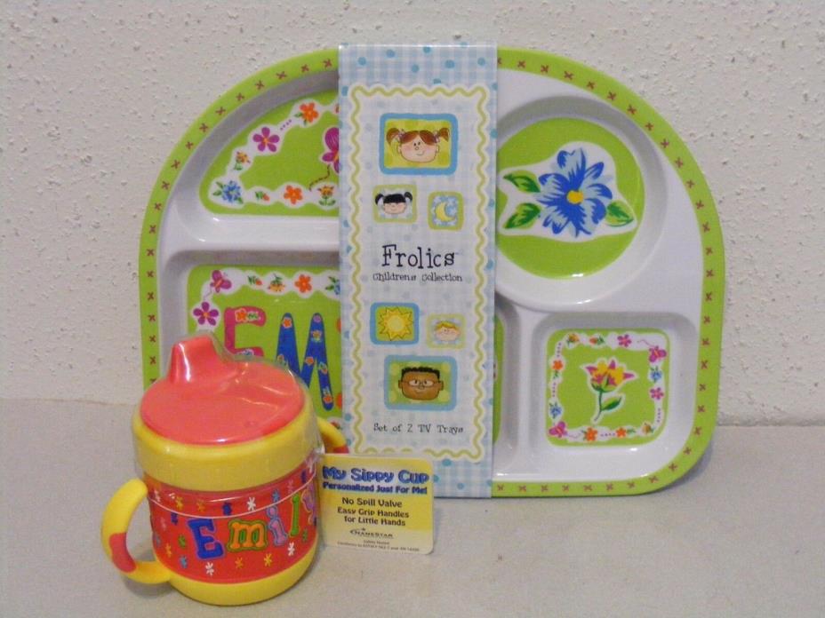 Personalized Emily Frolics 2pc set TV divided snack trays plates My Sippy Cup ~G