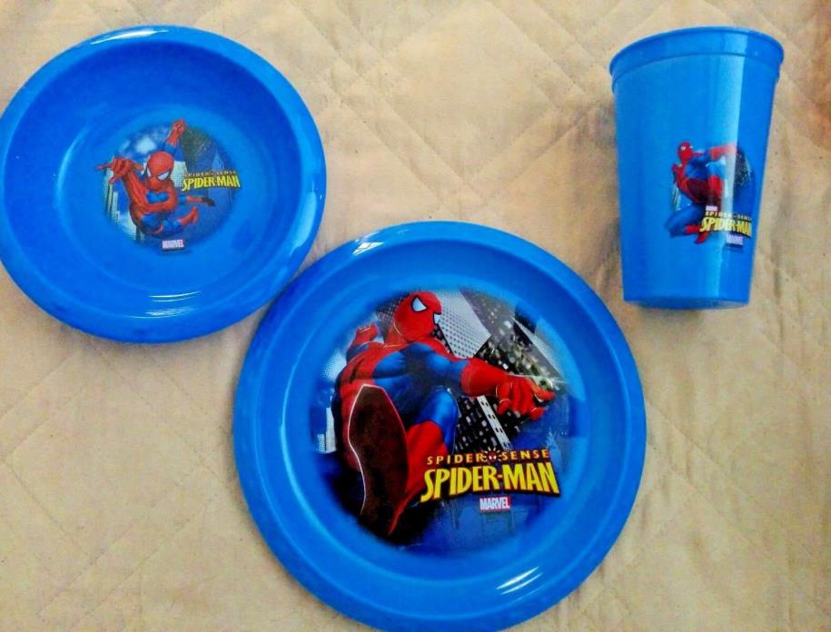 Marvel Comics Spiderman Boys 3 pc Plate Bowl Cup Blue Dinnerware Set NEW