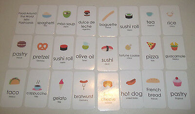 23 Miniature World Foods Nutrition themed Literacy Flashcards. Vertical 2x3.5in