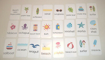 23 Miniature Beach themed Literacy Flashcards.  2 x 3.5 inches Vertical laminate