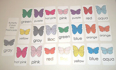 22 Miniature Butterfly themed Colors Flashcards.  2 x 3.5 inches Vertical lamina