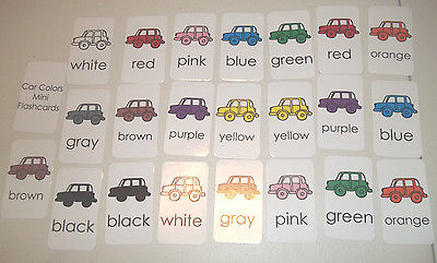 22 Miniature Car themed Colors Flashcards.  2 x 3.5 inches Vertical laminated.