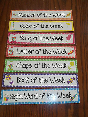 7 Candy themed Weekly Focus Learning Center Labels.  Classroom accessories.