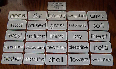 25 laminated Fry high frequency sight word flash cards.  Sixth Hundred List 4.