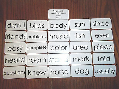 25 laminated Fry high frequency sight word flash cards. Fourth Hundred List 1.