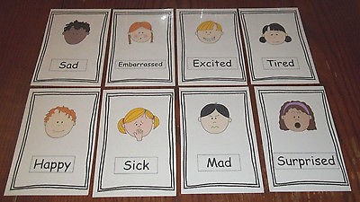 8 Laminated Emotions Bulletin Board Posters.  Daycare supplies and accessories.