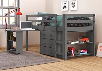 Donco Kids Low Loft With Desk Chest Bookcase Dark Grey Twin  3 Drawer Chest