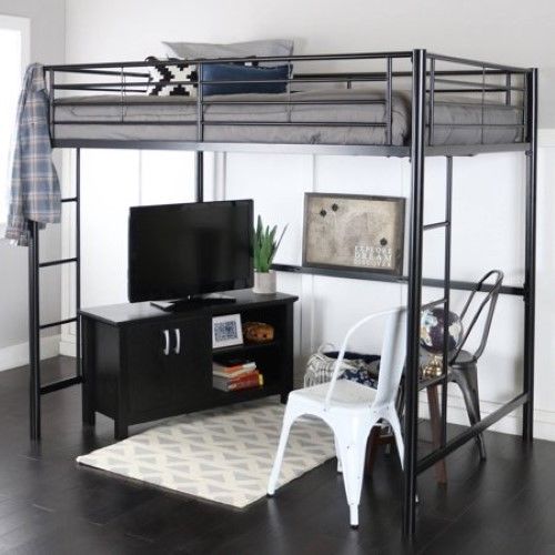 Loft Bed Full Size Space Saving Metal Black Sturdy Steel Bedroom Furniture New