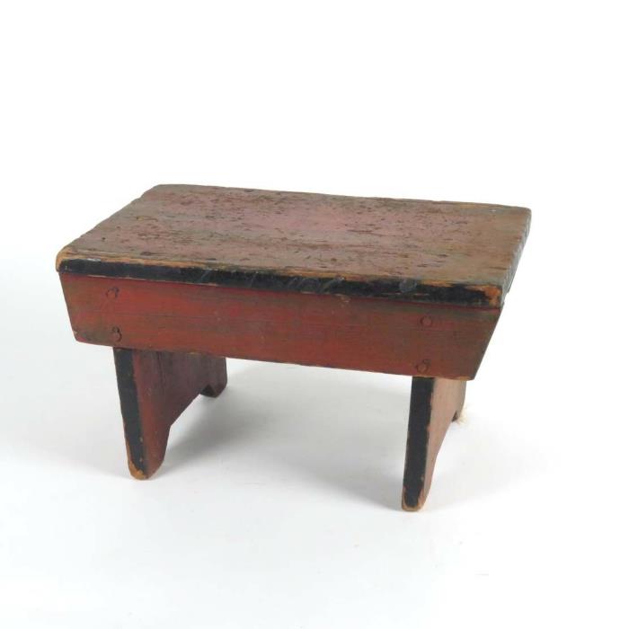 Vtg wooden step stool child's painted red black primitive doll bench