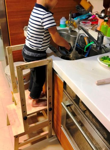 Home Kids Wooden Step Up Stool Kitchen Helper Tower Learning Chair Adjustable