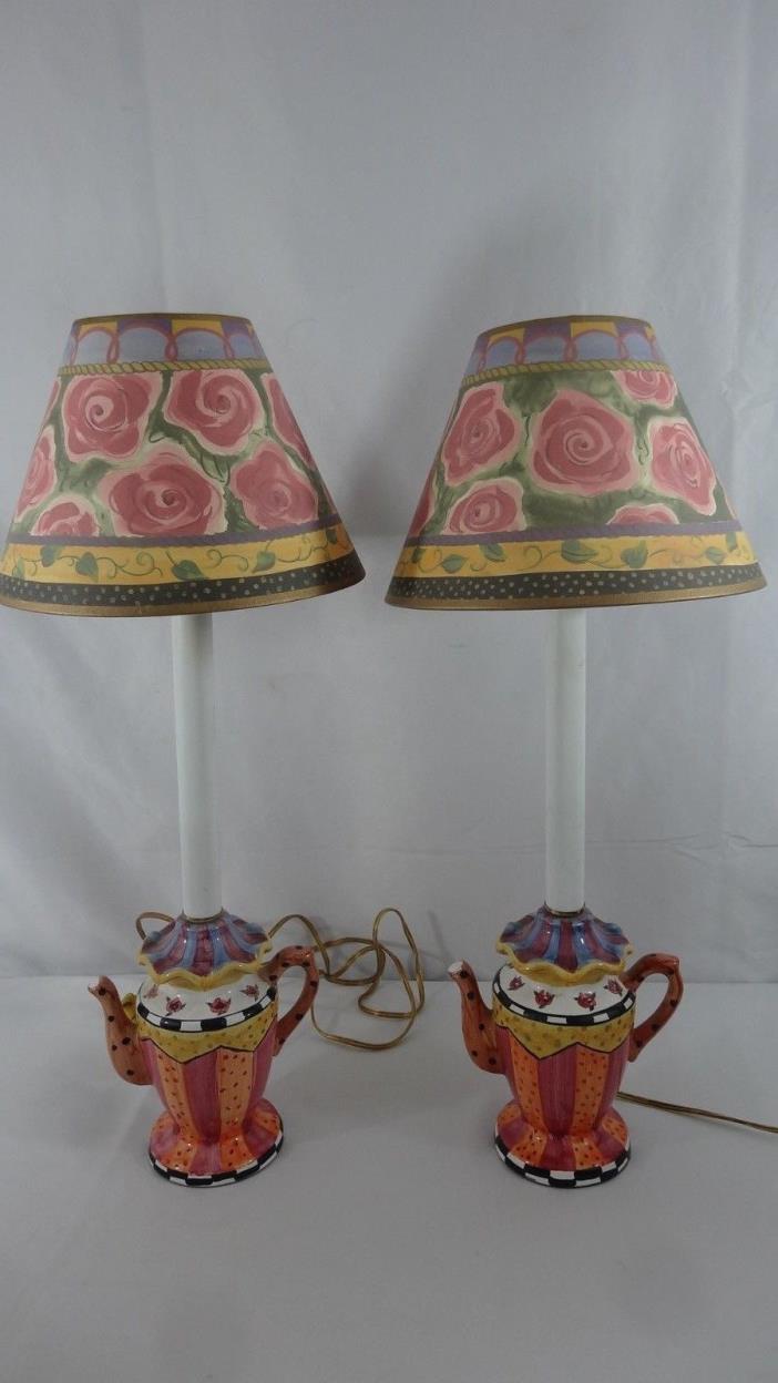 Pair of MacKenzie Child's Teapot Candlestick Lamps - Vintage