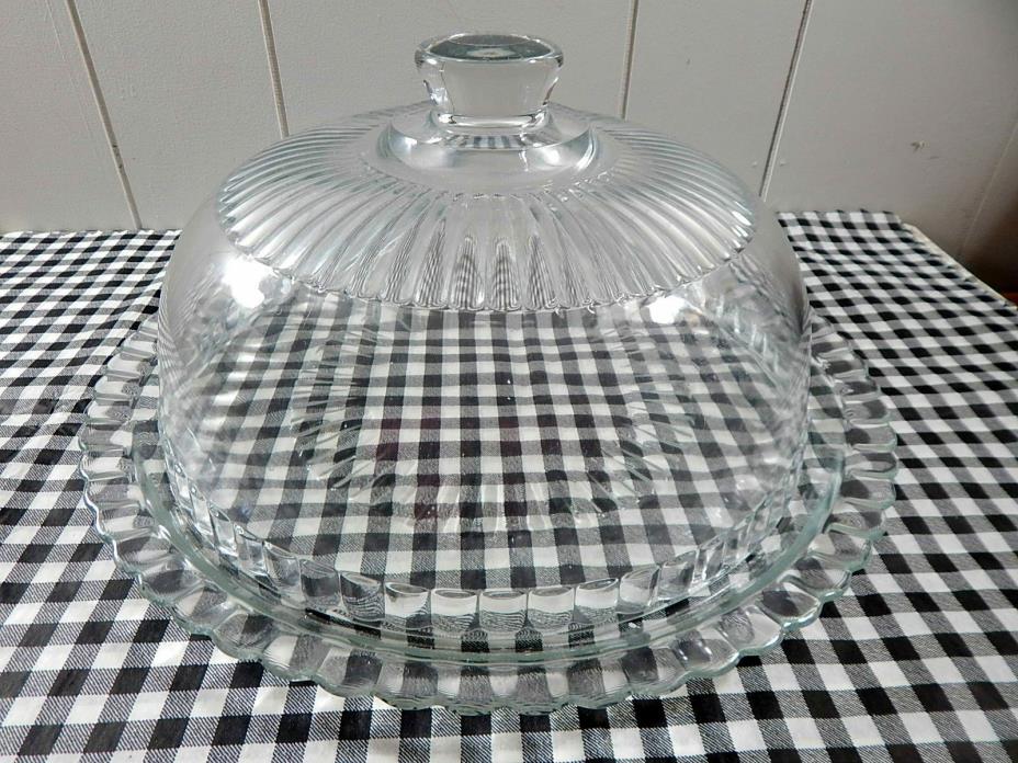 Vintage Cake Plate Glass Dome Lid Ruffled Plate Farmhouse Decor'