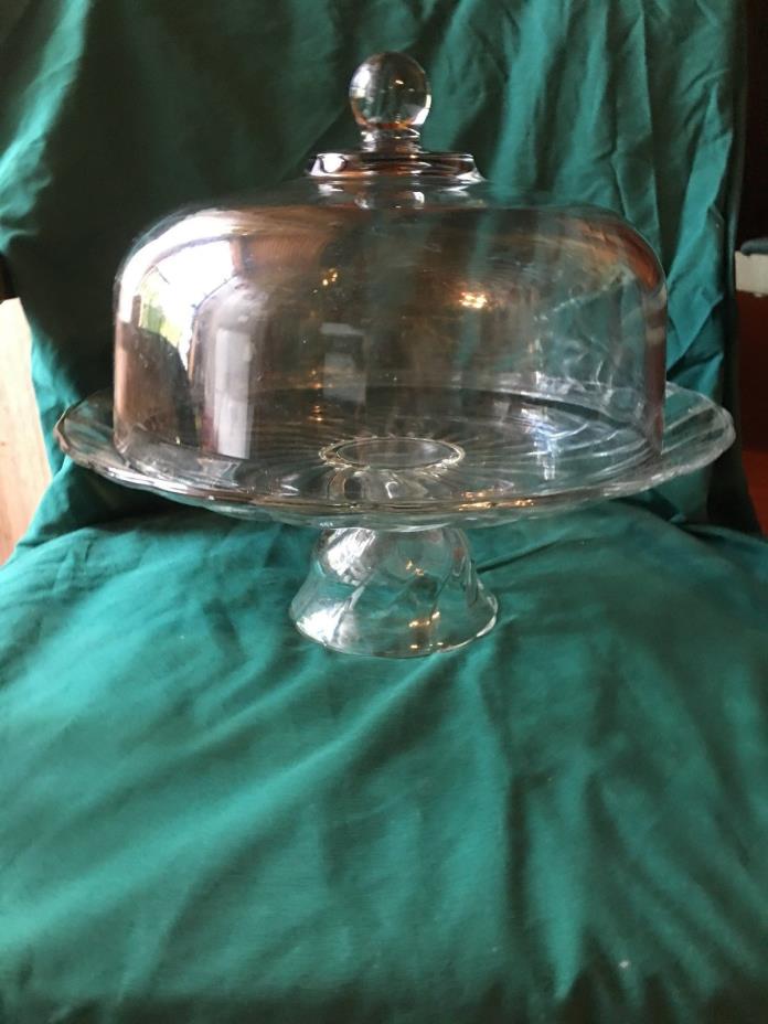 Vintage Used Clear Glass Heavy Cake Dish CARRIER WITH  DOME LID VERY HEAVY